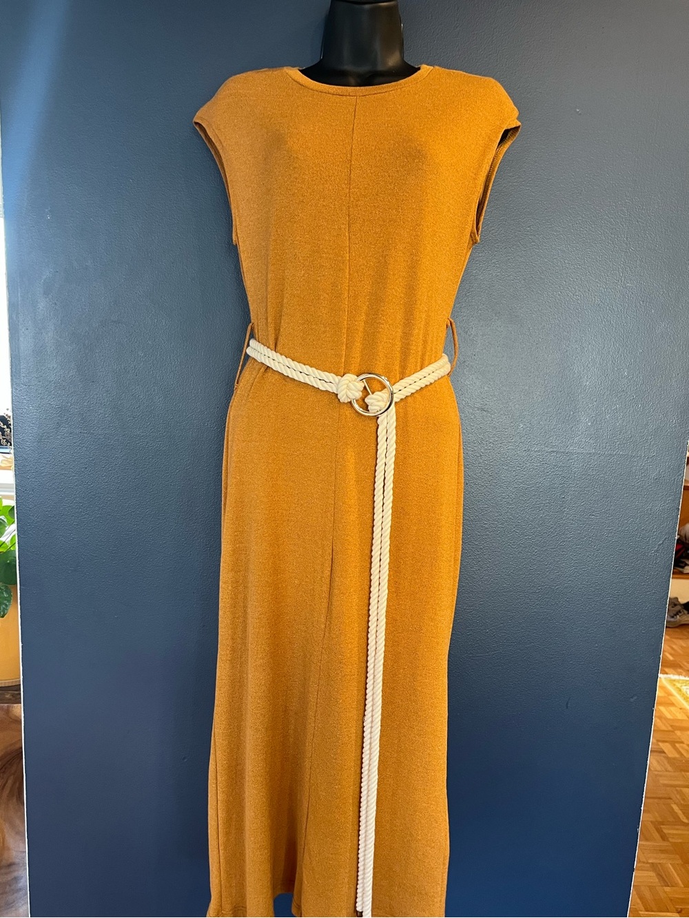 Women's Mustard Sleeveless Maxi Dress with Rope Belt